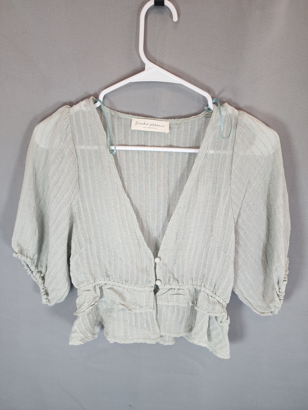 Frankie Phoenix Light Blue Textured Puff-Sleeve Button-Front Blouse